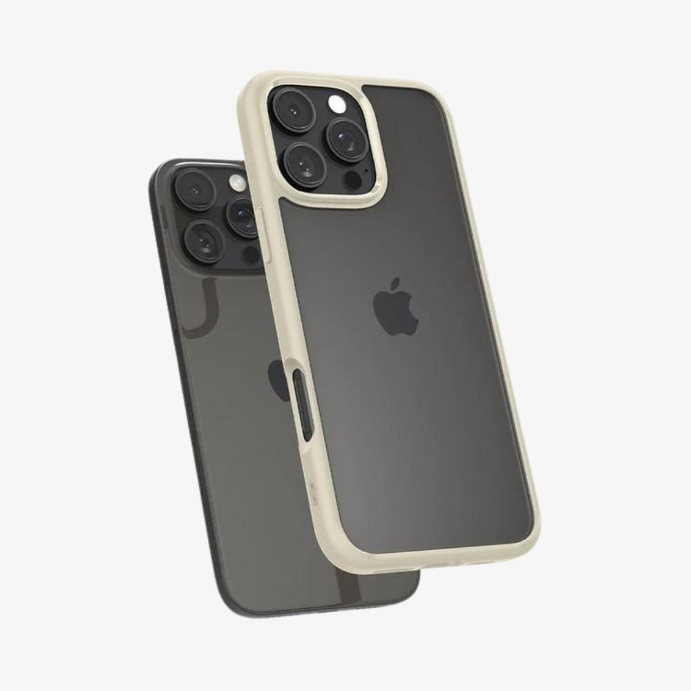 Due iPhone, uno con custodia color crema e uno grigio scuro, fianco a fianco.