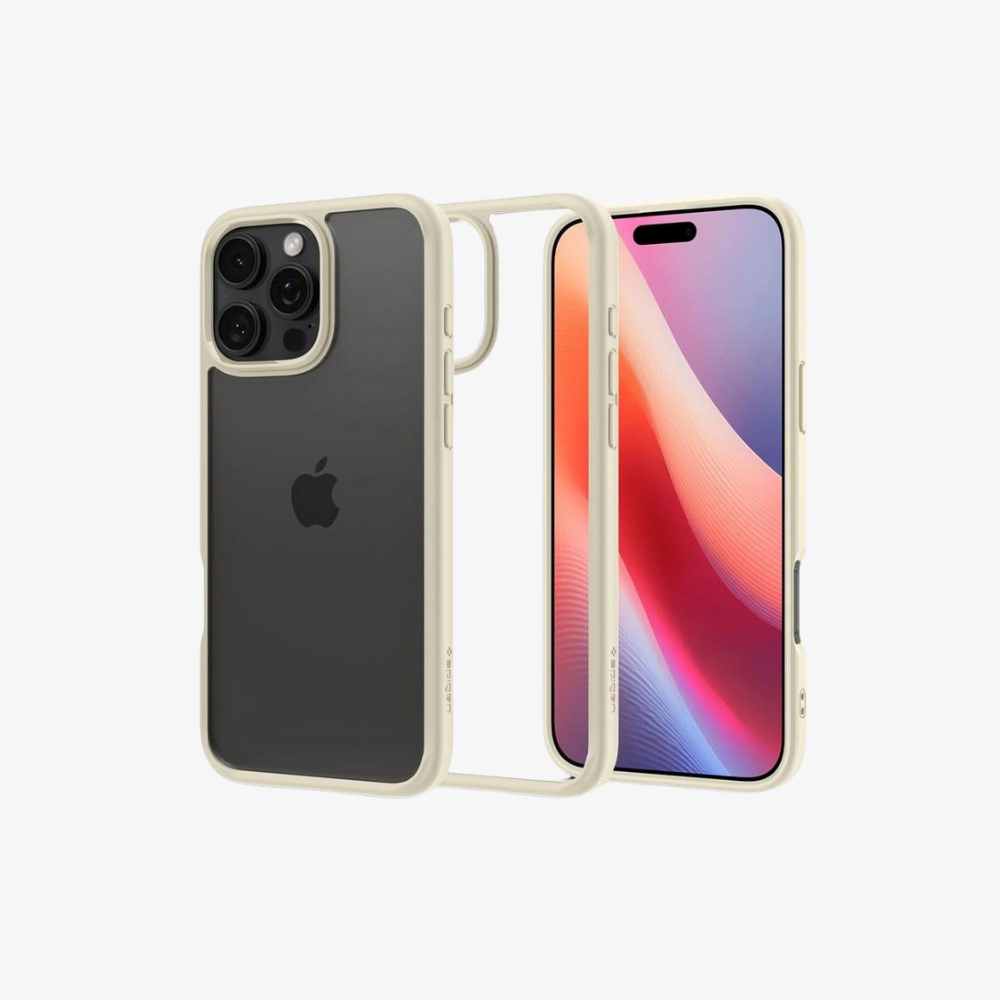 Un iPhone nero con custodia color crema, parzialmente smontato, mostra telefono e custodia.