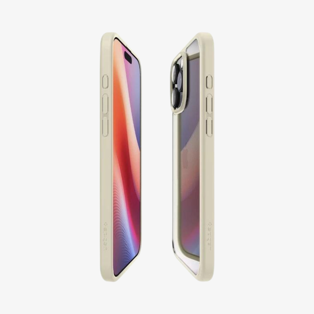 Due custodie per telefono color chiaro su sfondo bianco, una mostra uno schermo.