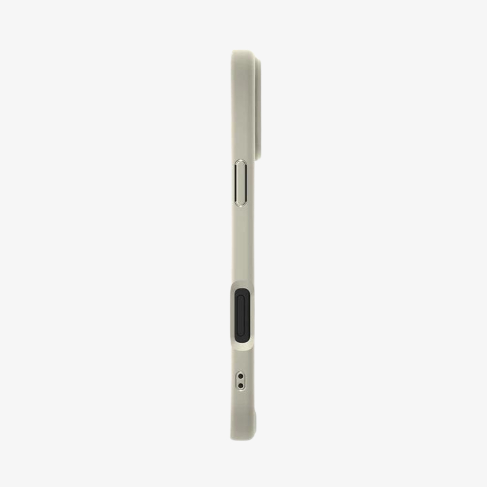 Cover grigio chiaro per telefono di profilo, con pulsanti e porta di ricarica.