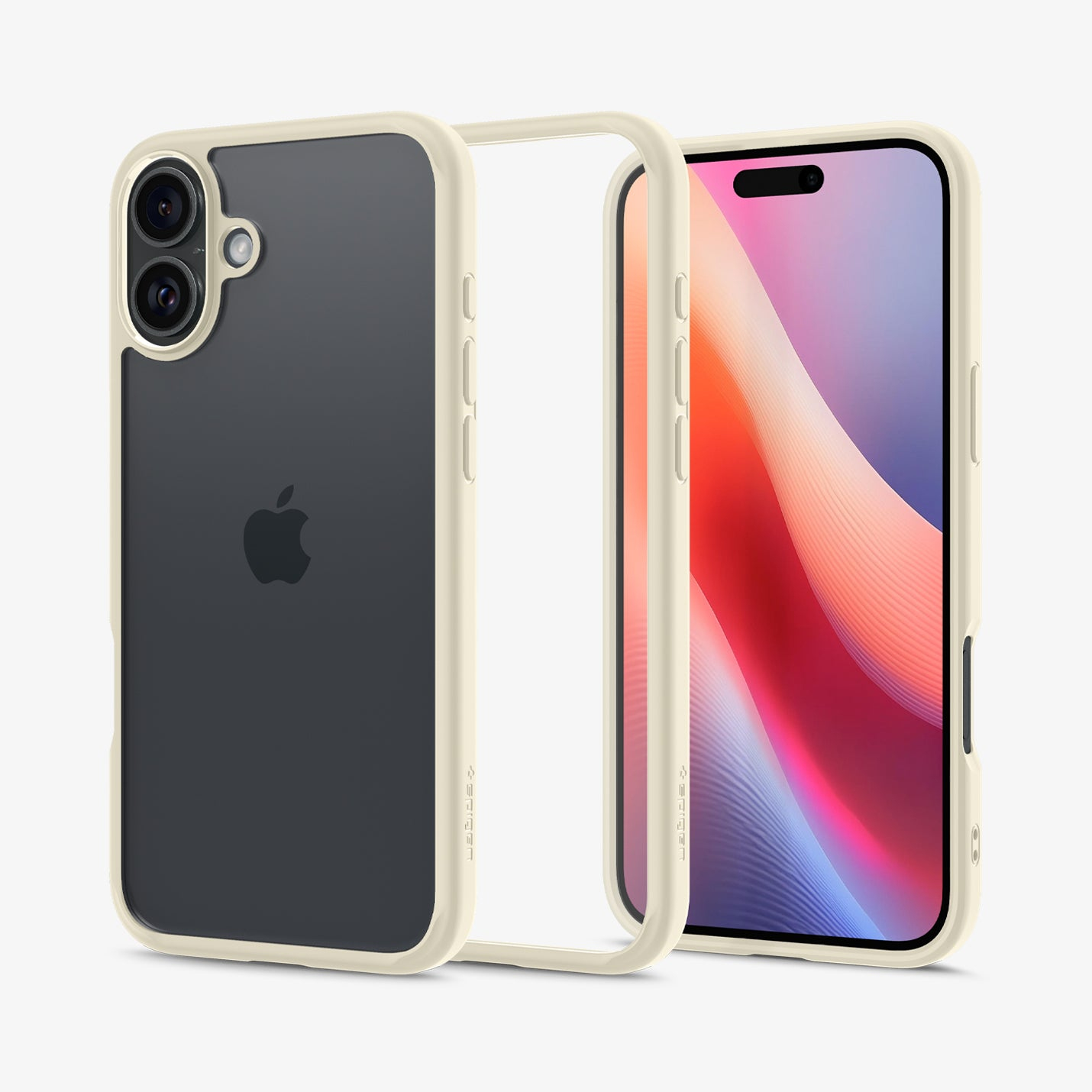 Una custodia beige chiaro per iPhone con un telefono scuro sullo sfondo.