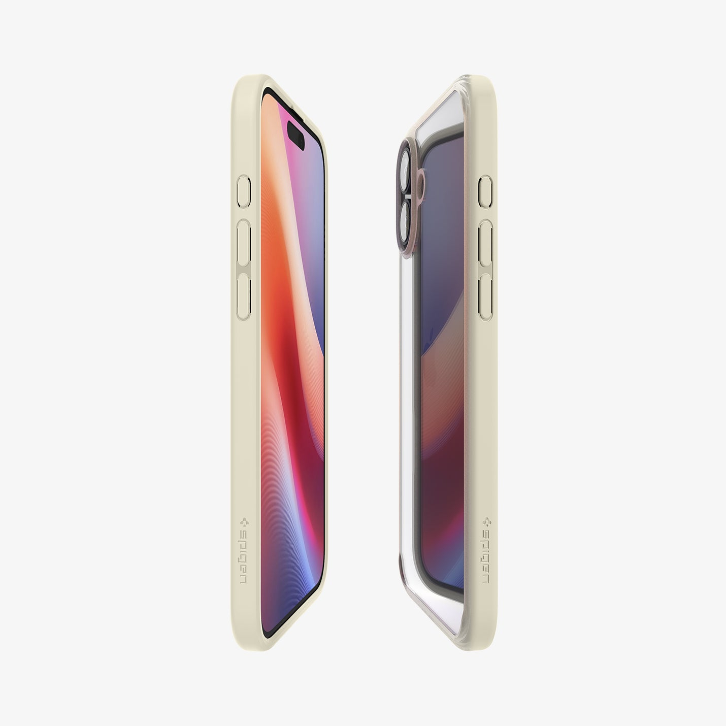Una custodia color crema è accanto a una custodia trasparente con un telefono.