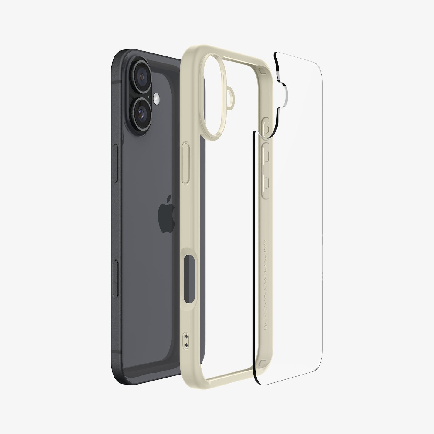 Uno smartphone scuro con due fotocamere accanto a una custodia trasparente e una color crema.