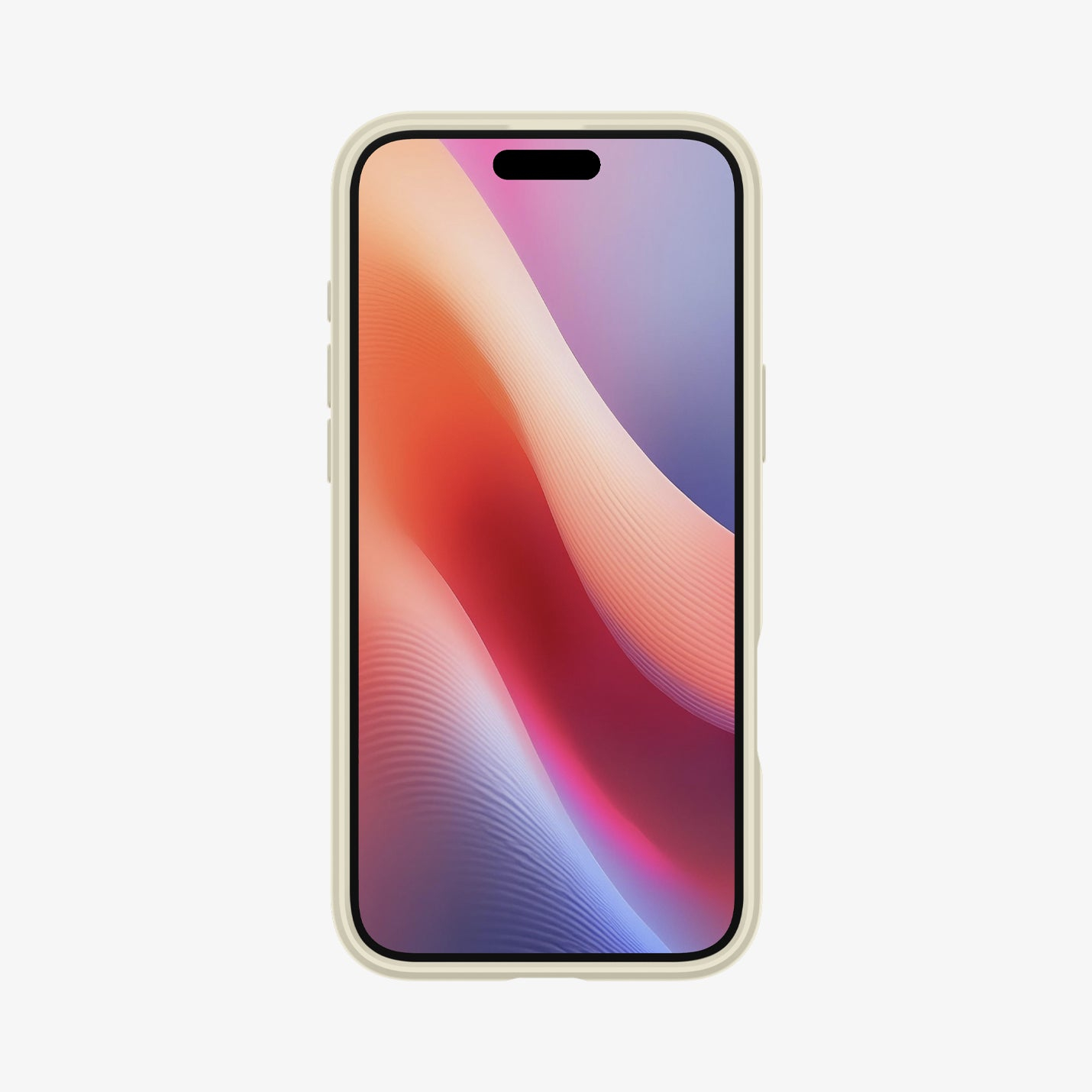 Uno smartphone beige chiaro con uno sfondo dinamico e colorato.