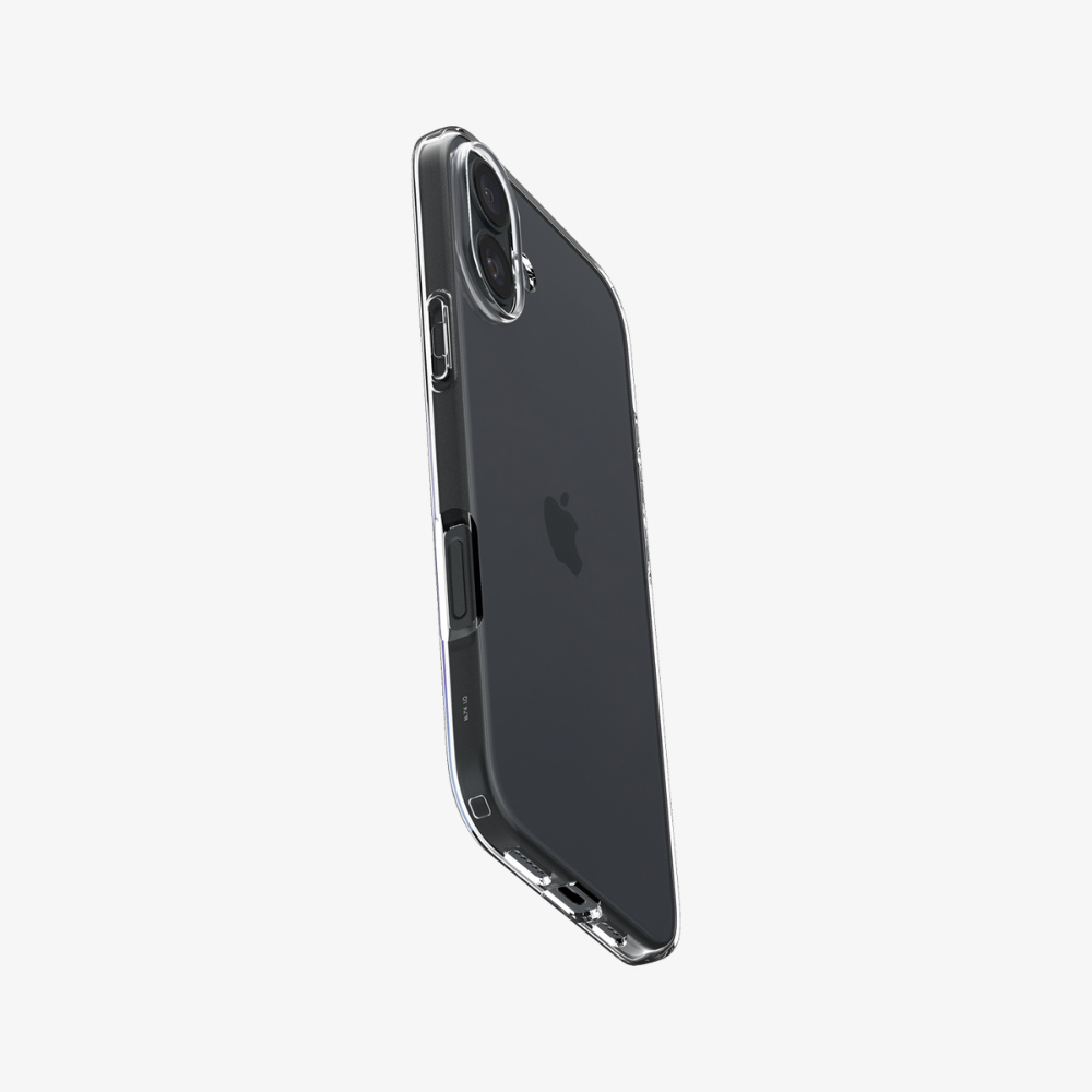 Una custodia trasparente per telefono su un telefono scuro con fotocamere.