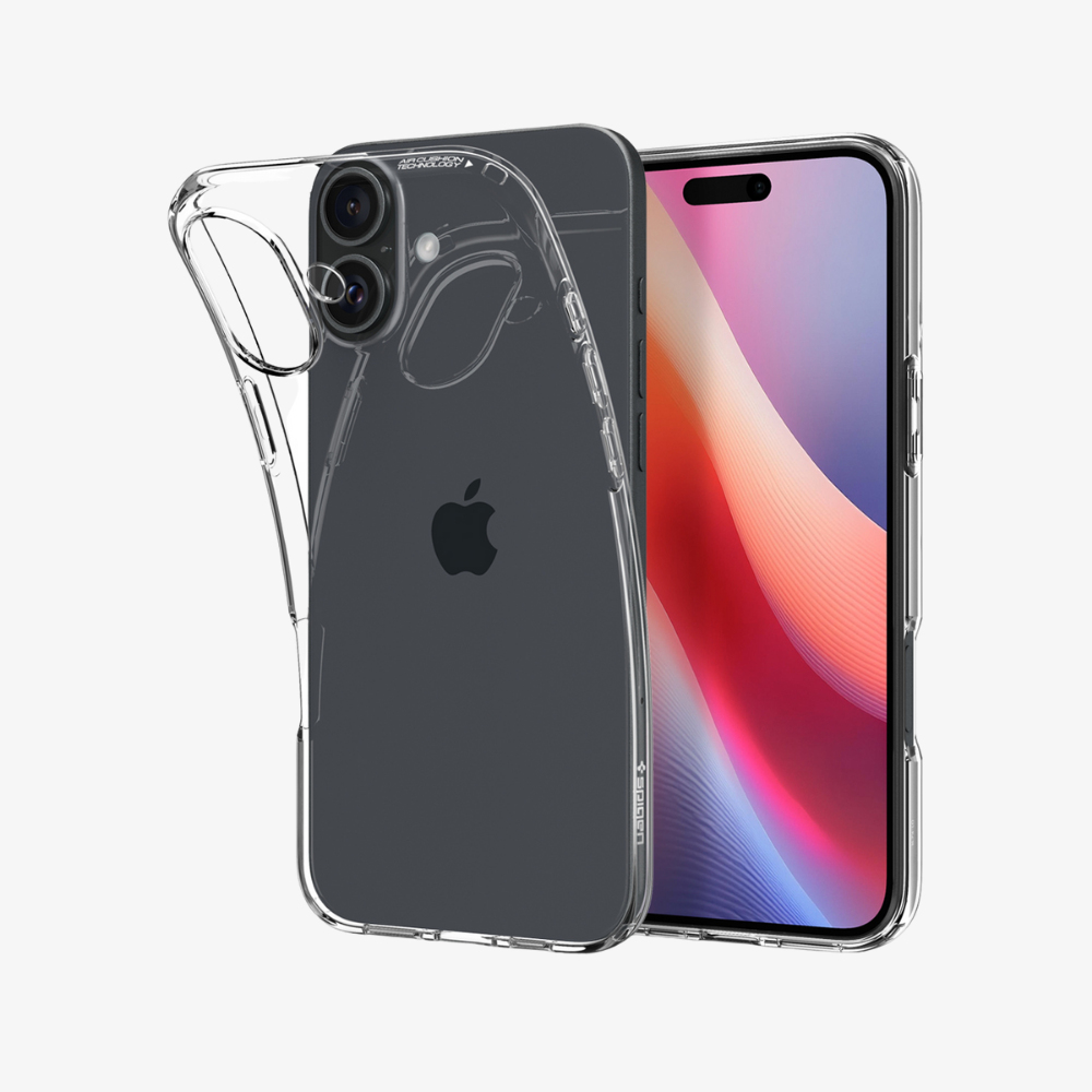 Una custodia trasparente su un iPhone scuro con sfondo colorato.