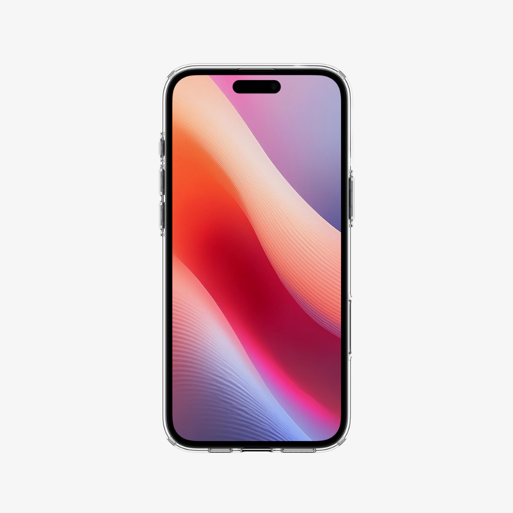 Una cover trasparente per telefono con uno sfondo colorato e ondulato sullo schermo.