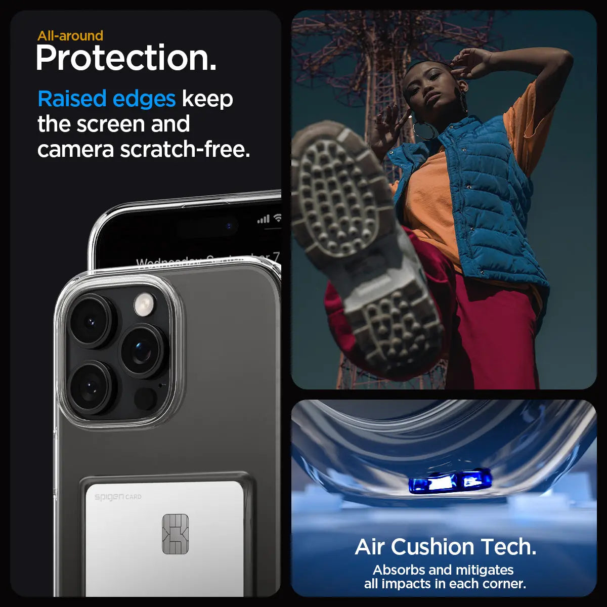 Custodia trasparente per telefono con fotocamera, scheda e Air Cushion Tech. Donna in gilet.