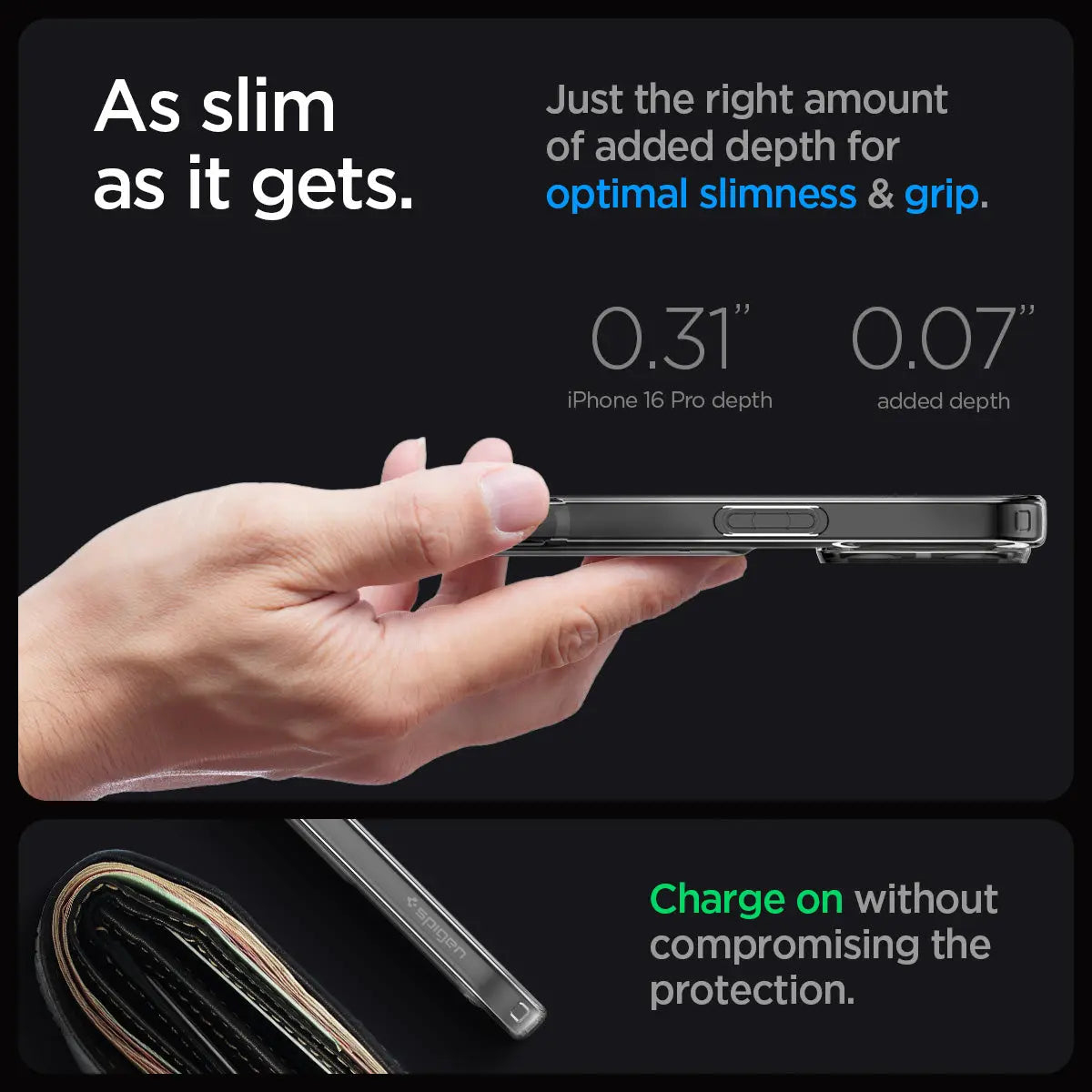 Una mano tiene una custodia sottile per iPhone. Dimensioni e testo visualizzati accanto.