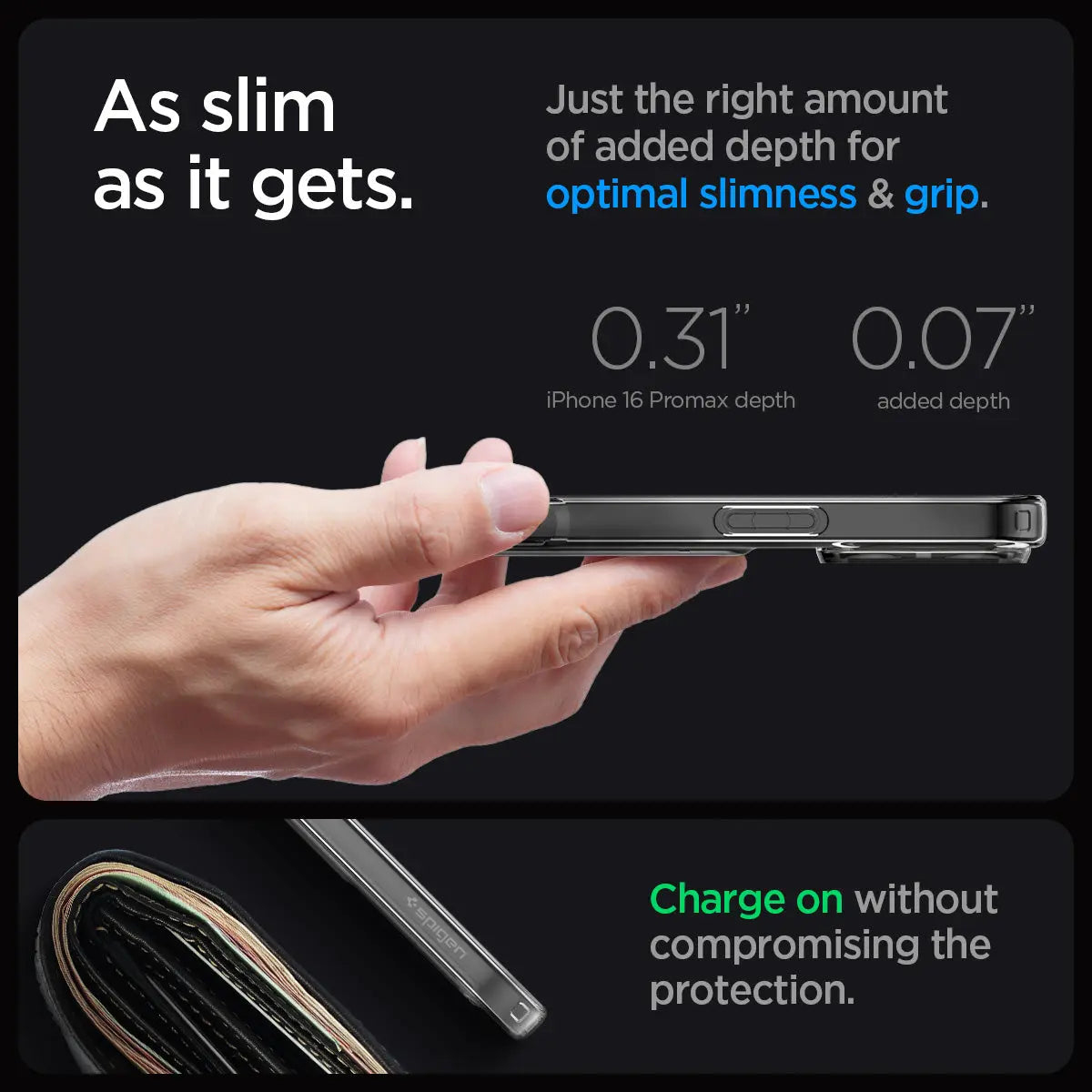 Una mano tiene una sottile custodia per iPhone con etichette "0,31" e "0,07".