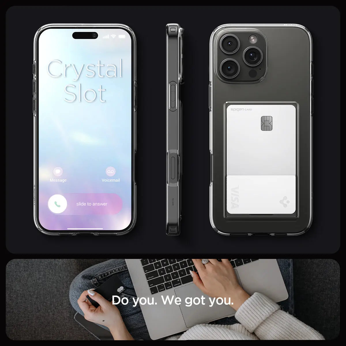 iPhone con custodia trasparente mostra schermo chiamata e porta carte. Persona usa laptop.