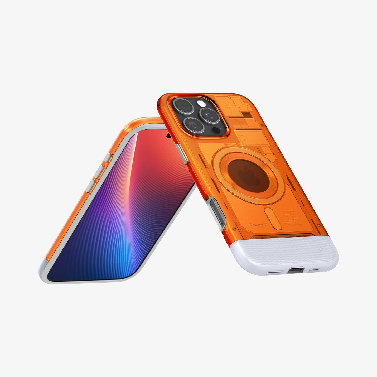 Una custodia per telefono arancione trasparente con fondo bianco su un telefono.