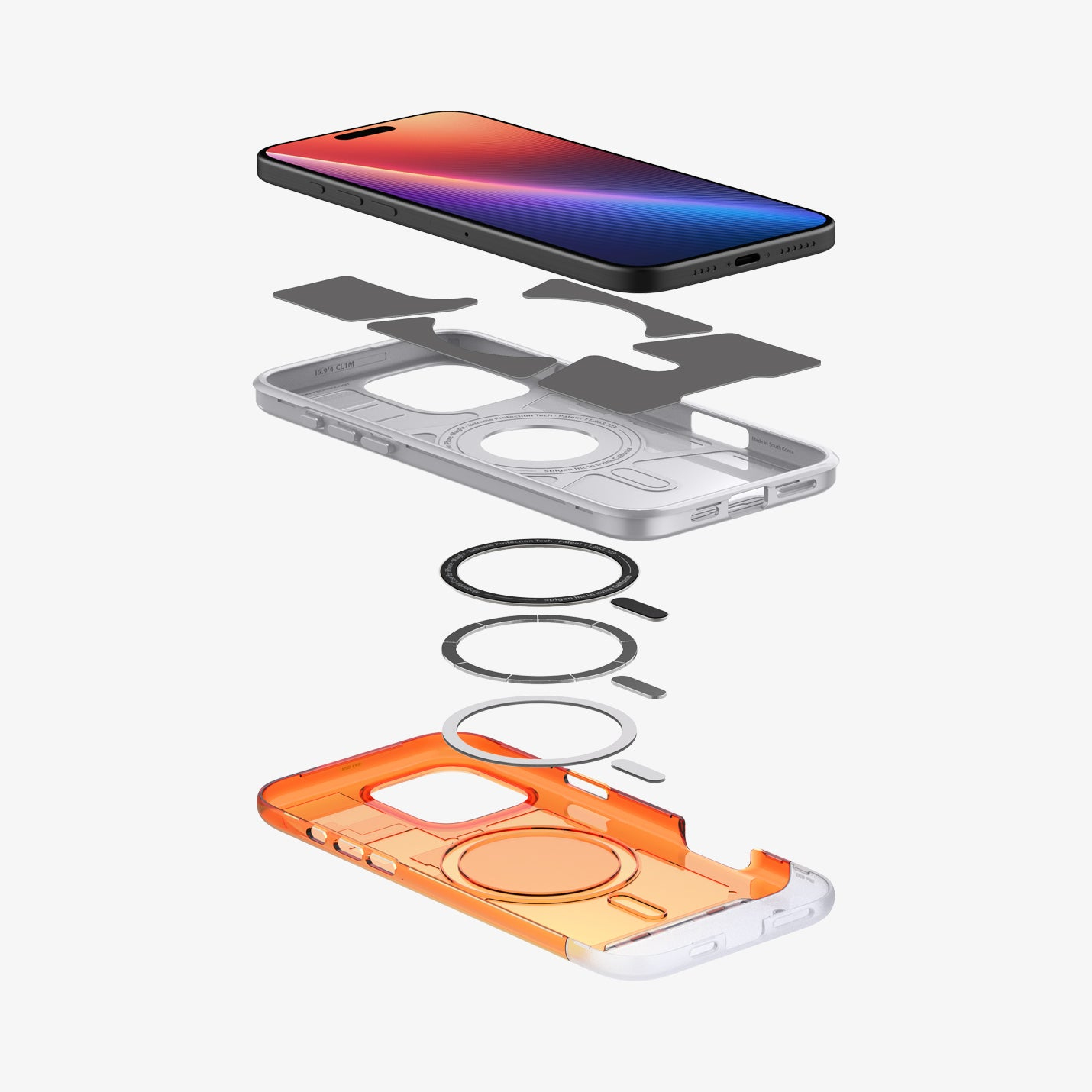 Vista esplosa di una custodia arancione per telefono con cornice argentata e anello magnetico.