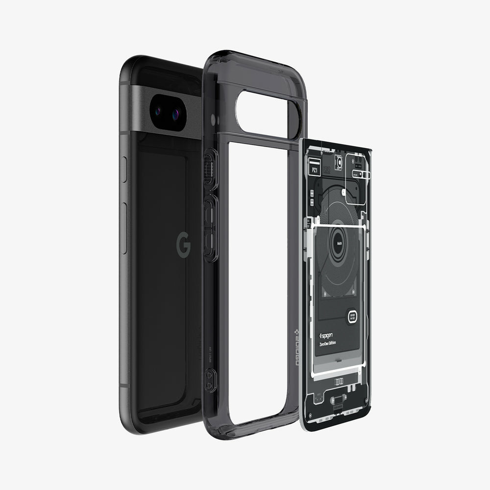 Custodia trasparente per telefono accanto a uno smartphone che mostra i componenti interni.
