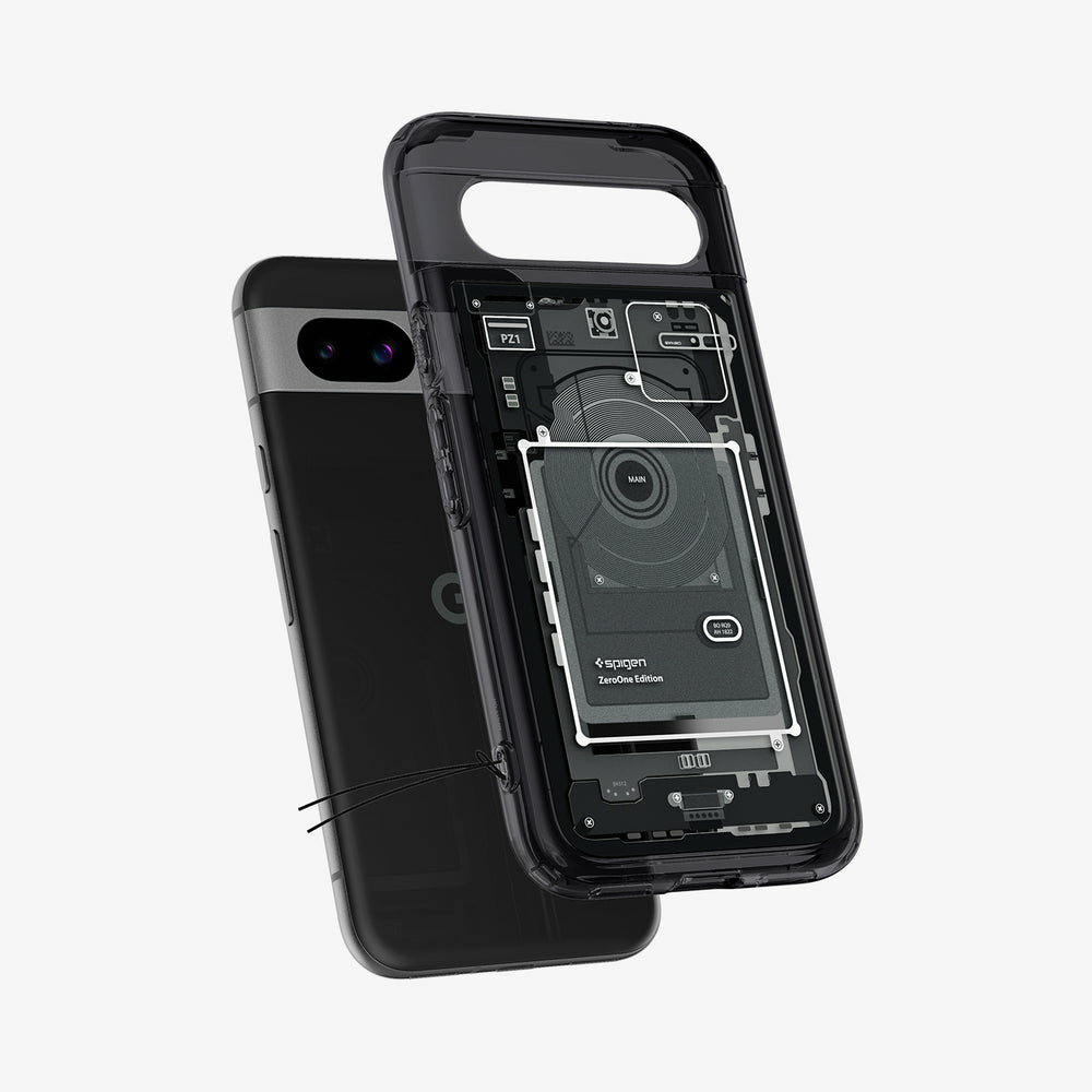 Uno smartphone nero con custodia trasparente che mostra i componenti interni.