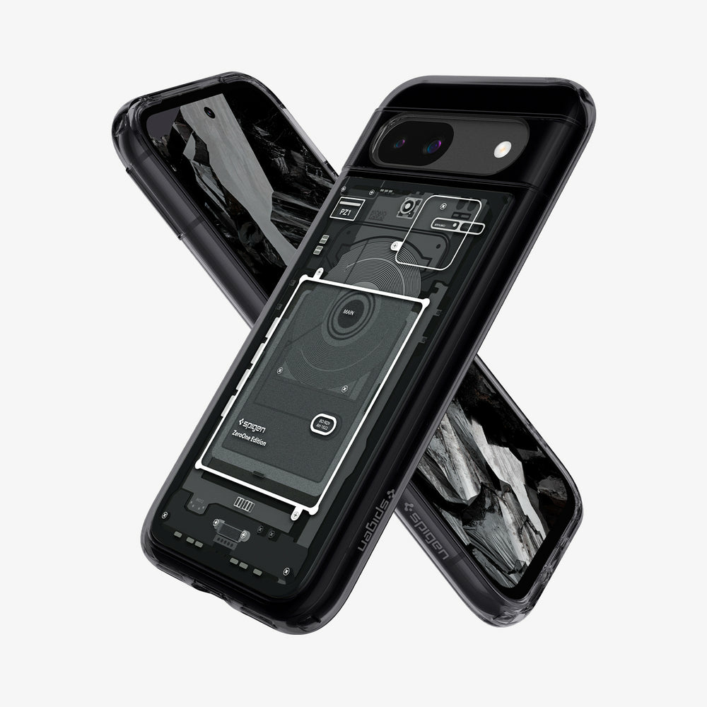Due custodie per telefono nere con design trasparente che mostrano l'elettronica interna.