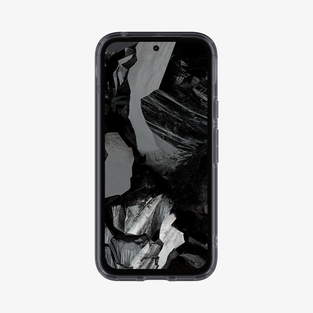 Uno smartphone scuro con uno screensaver astratto e roccioso.