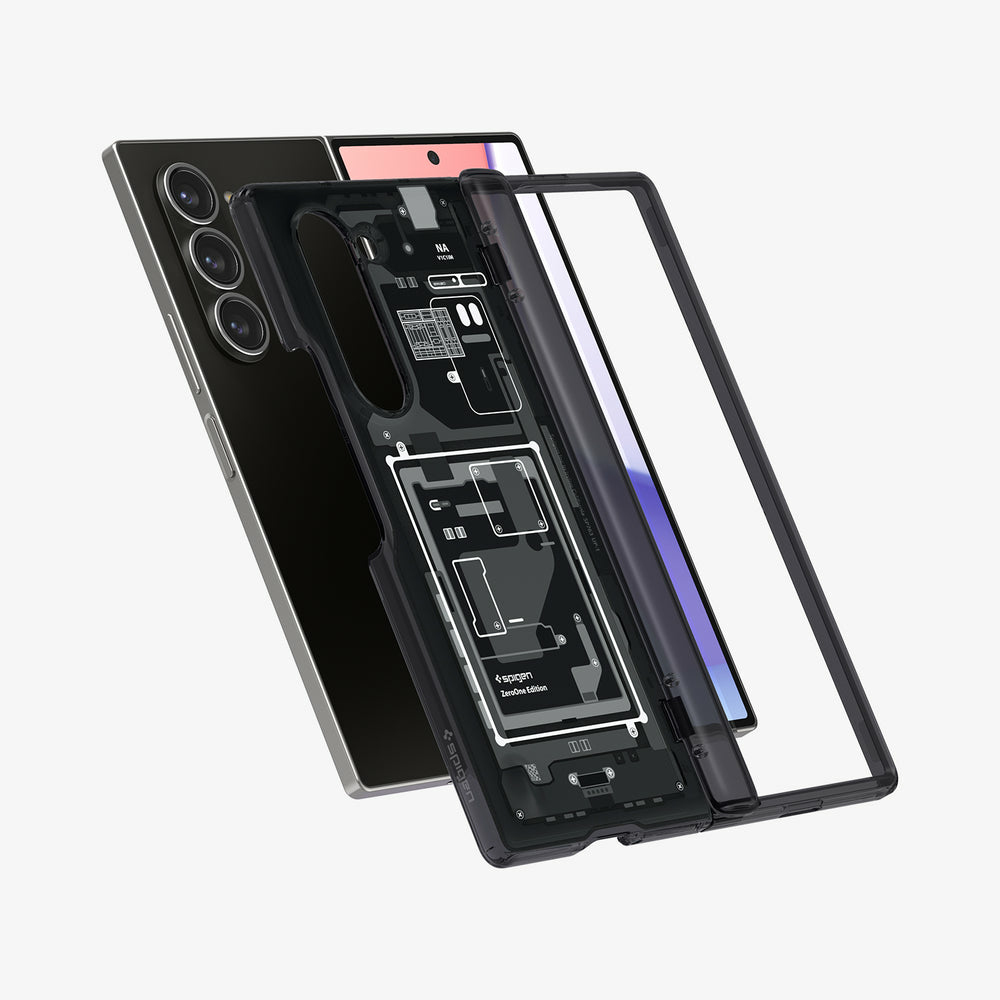 Custodia trasparente con vista interna dettagliata su uno smartphone nero.