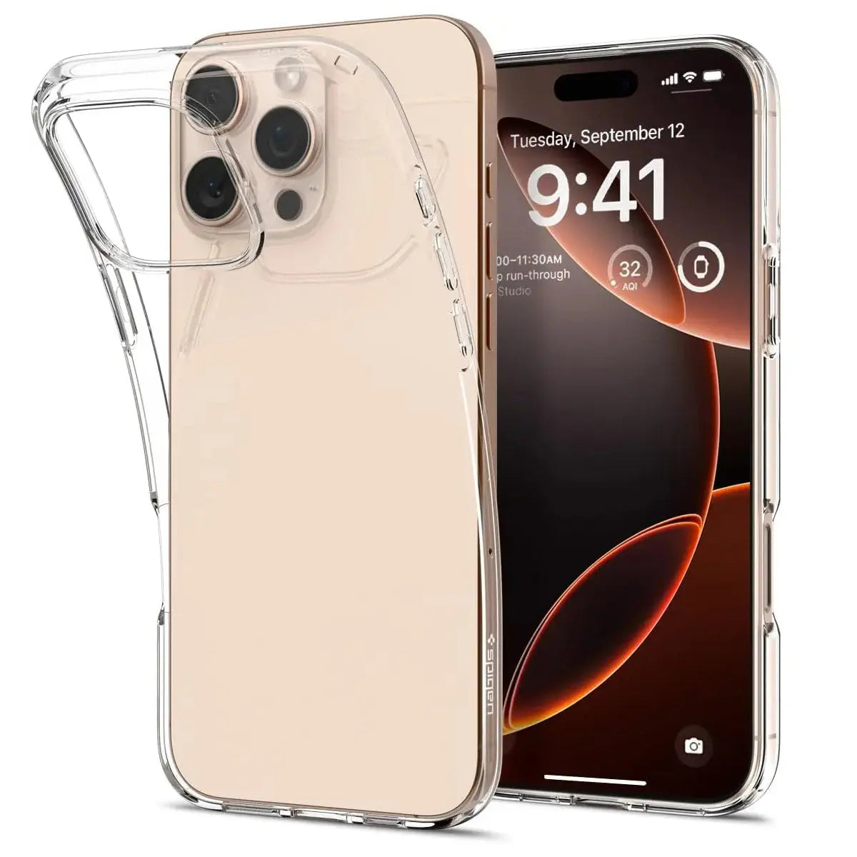 Una custodia trasparente per telefono su un iPhone oro chiaro. L'ora è le 9:41.