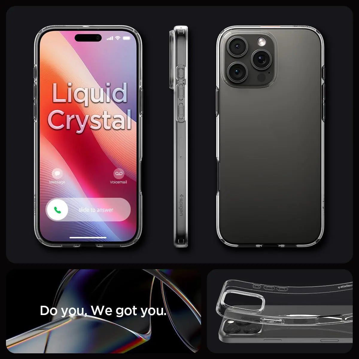 Una custodia trasparente per telefono con un iPhone che mostra una chiamata in arrivo.