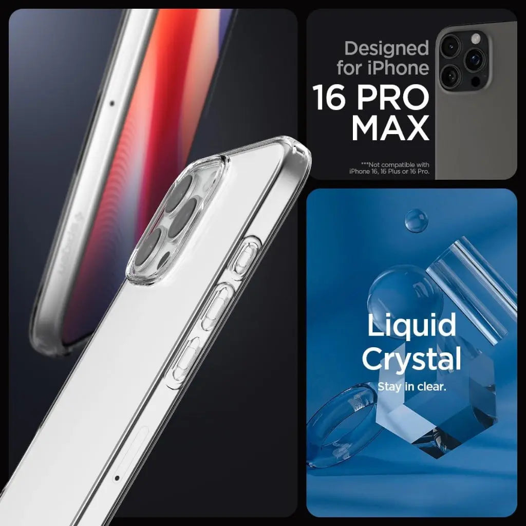 Custodia trasparente per iPhone 16 Pro Max con dettaglio fotocamera e grafica cristallo liquido.