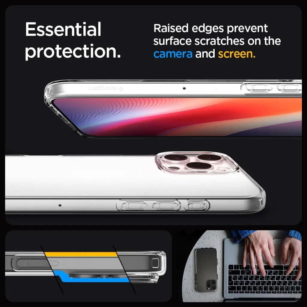 Custodia trasparente protegge fotocamera e schermo con bordi rialzati.