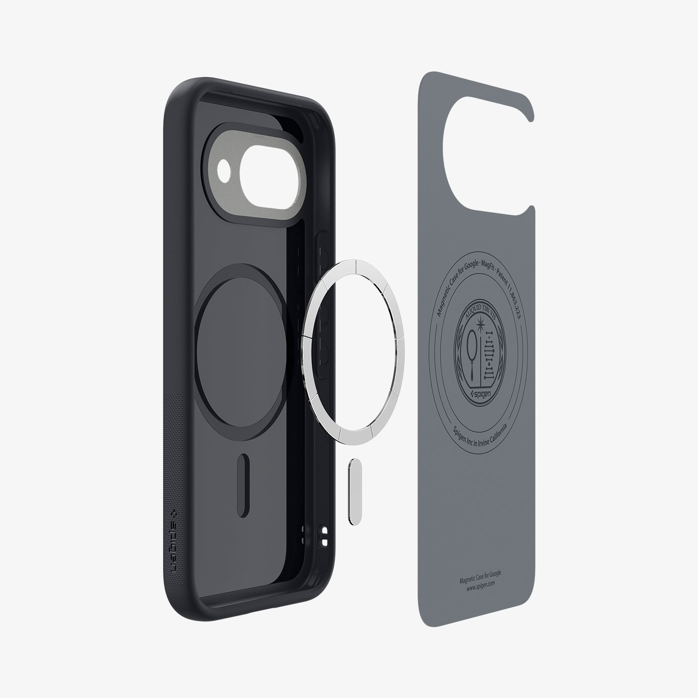 Custodia nera per telefono con anello magnetico e piastra posteriore.