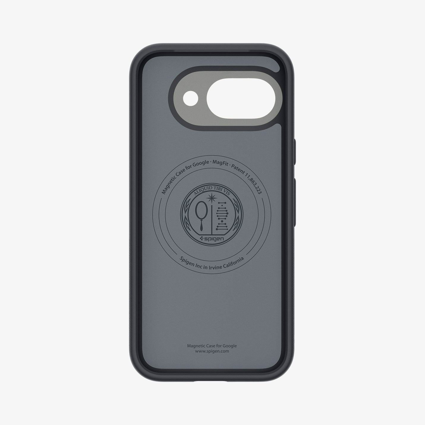 Custodia grigio scuro per Google con logo Spigen e dettagli brevetto.