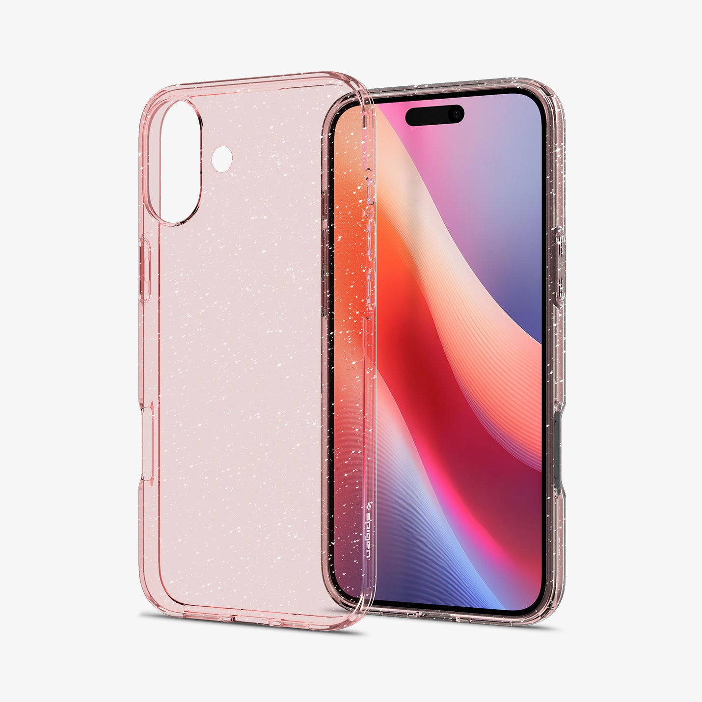 Una cover trasparente con glitter accanto a uno smartphone con schermo colorato.