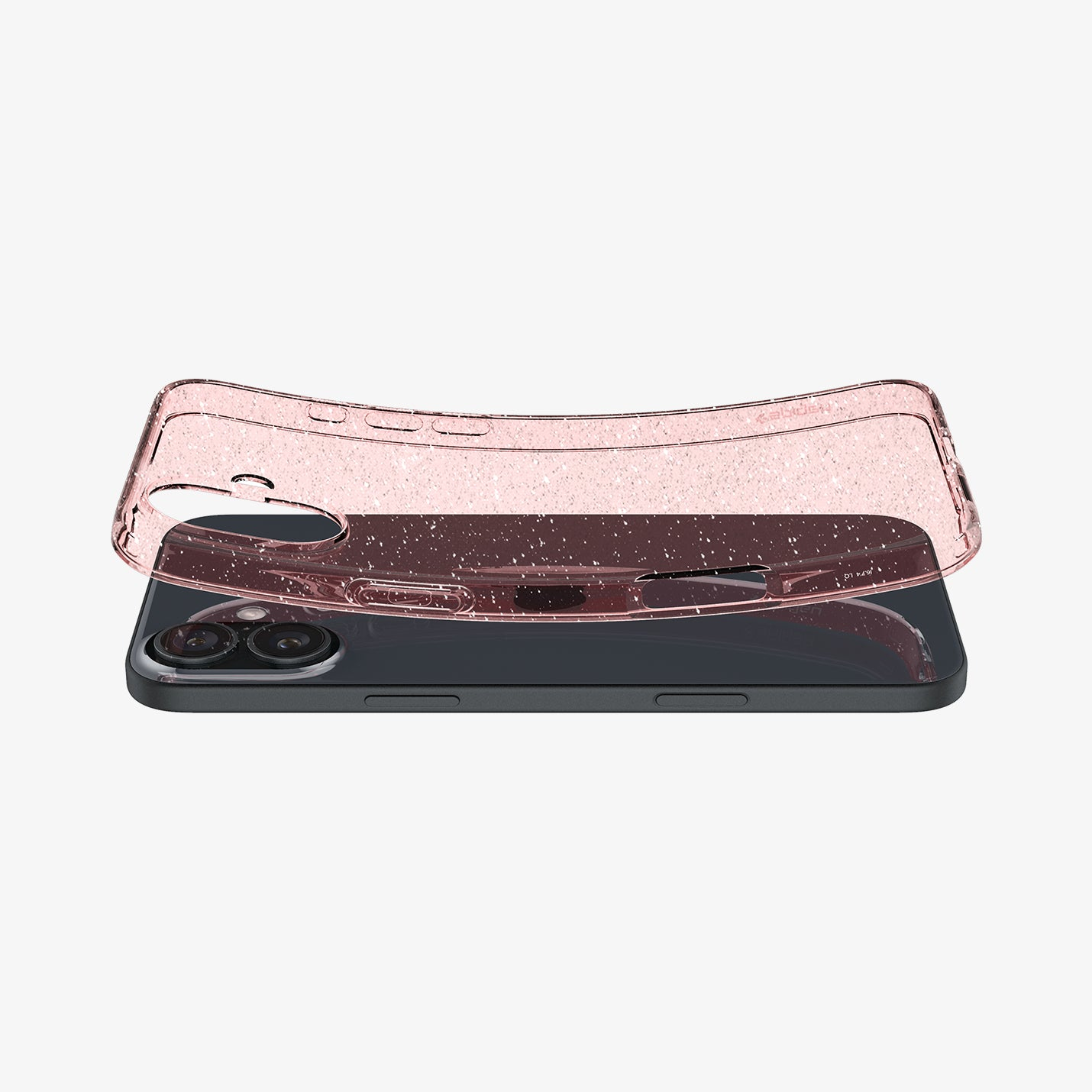 Una cover rosa glitterata fluttua su uno smartphone nero, mostrandone il design.
