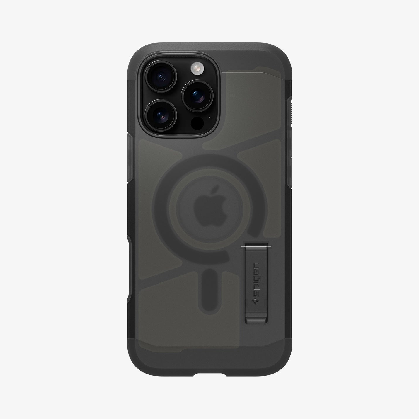 Custodia grigio scuro per iPhone con tre fotocamere e logo Apple.