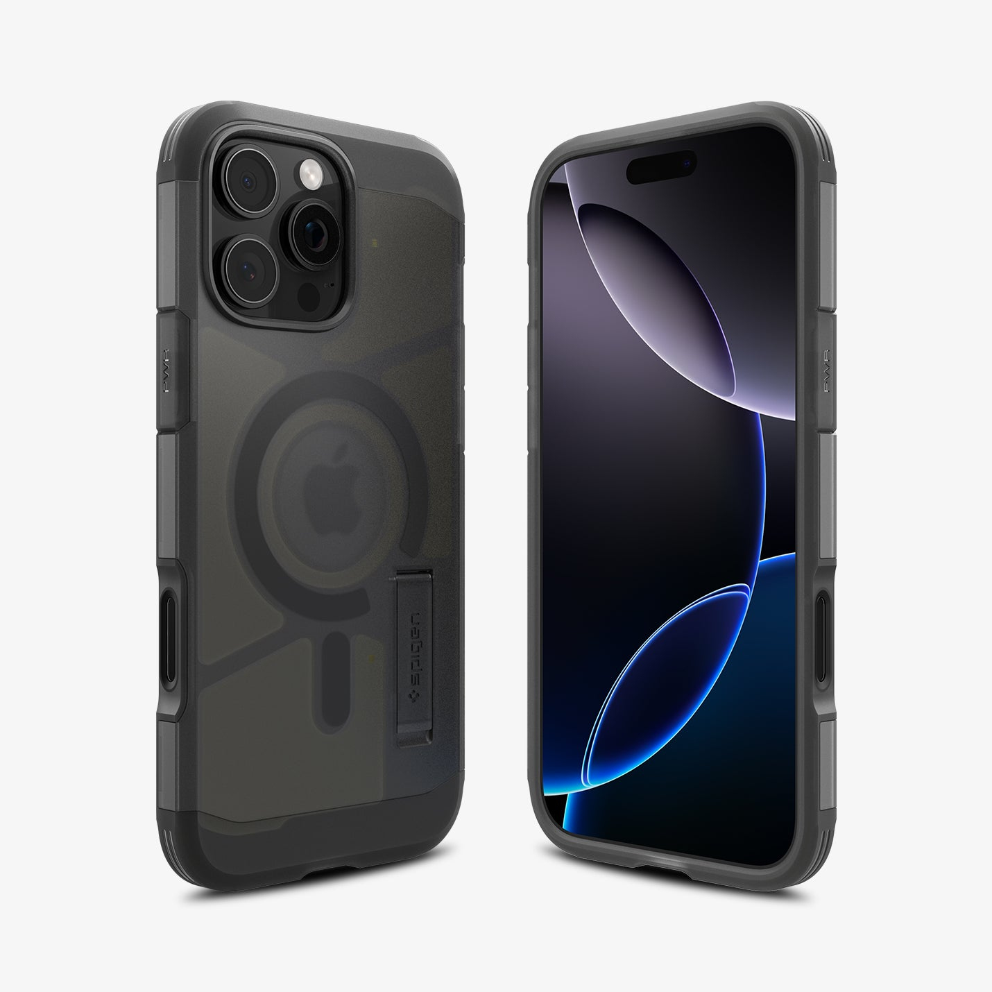 Due custodie scure per iPhone con fotocamere e schermi.