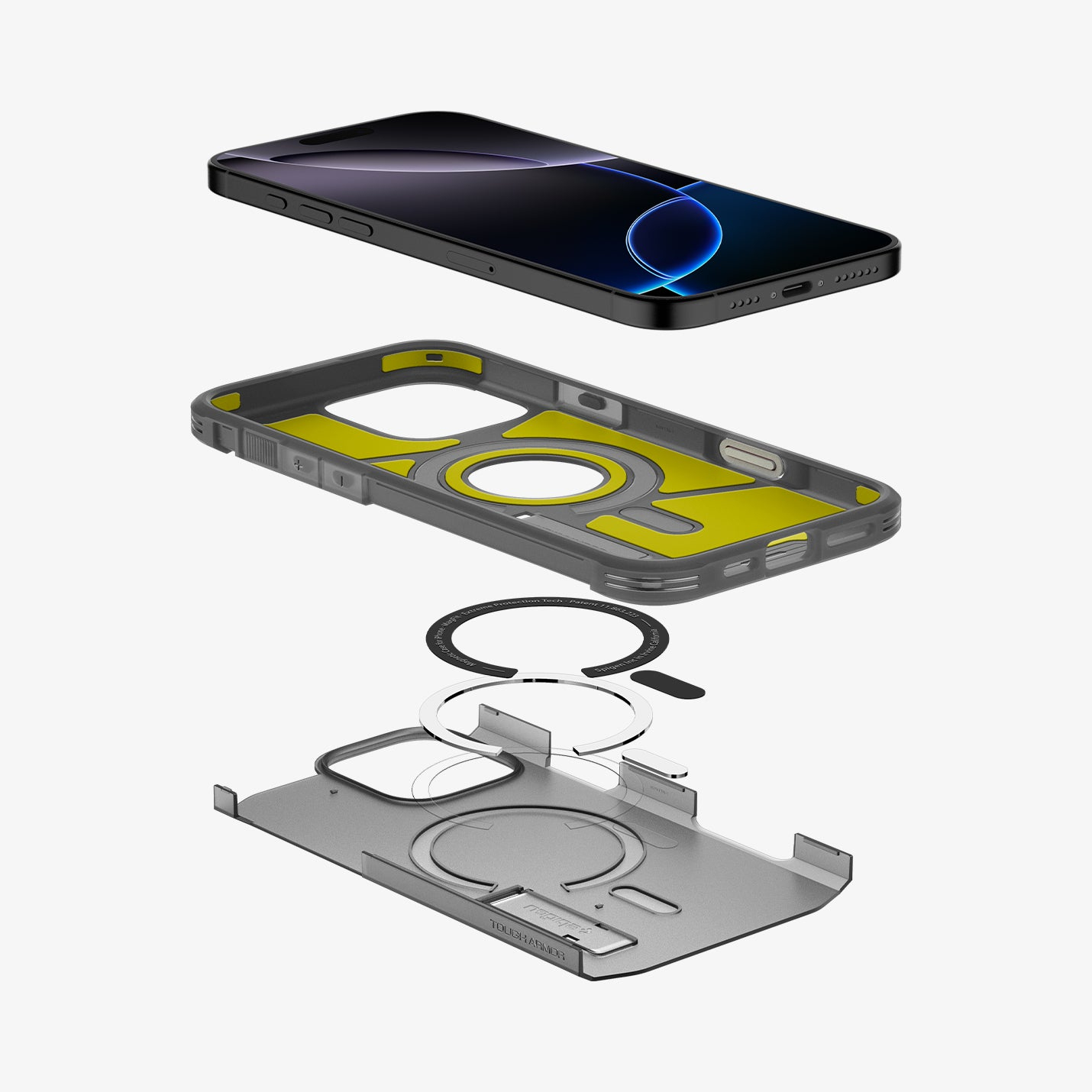 Vista esplosa di una custodia per telefono con anello magnetico e telefono.
