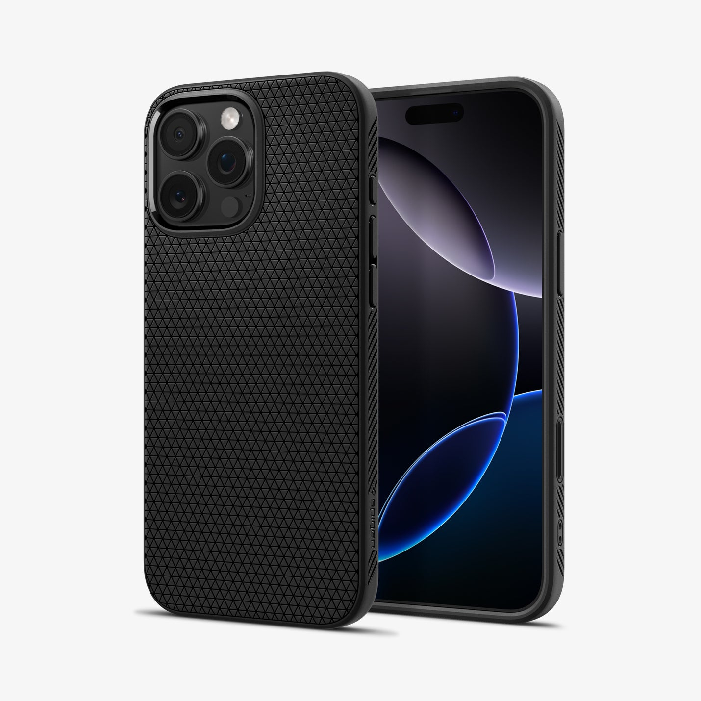 Custodia nera per telefono con motivo a triangoli, accanto a uno smartphone.