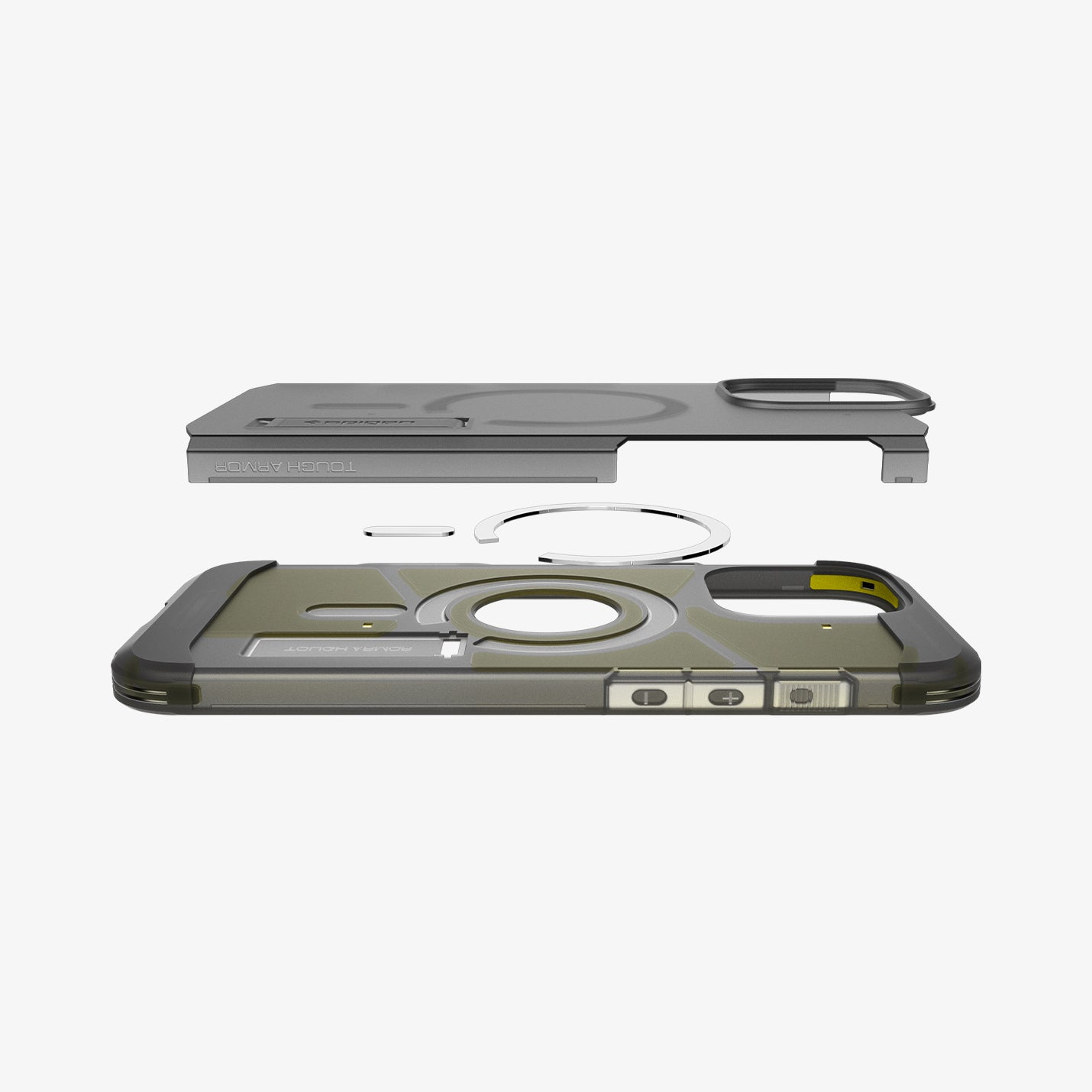 Vista esplosa di una custodia per telefono: parte grigia superiore, anello, parte verde inferiore.