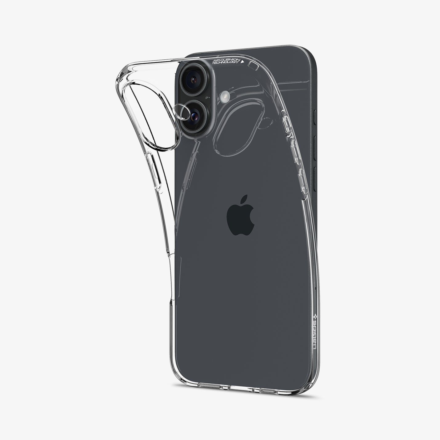 Una custodia trasparente per iPhone, che mostra il retro e le fotocamere.
