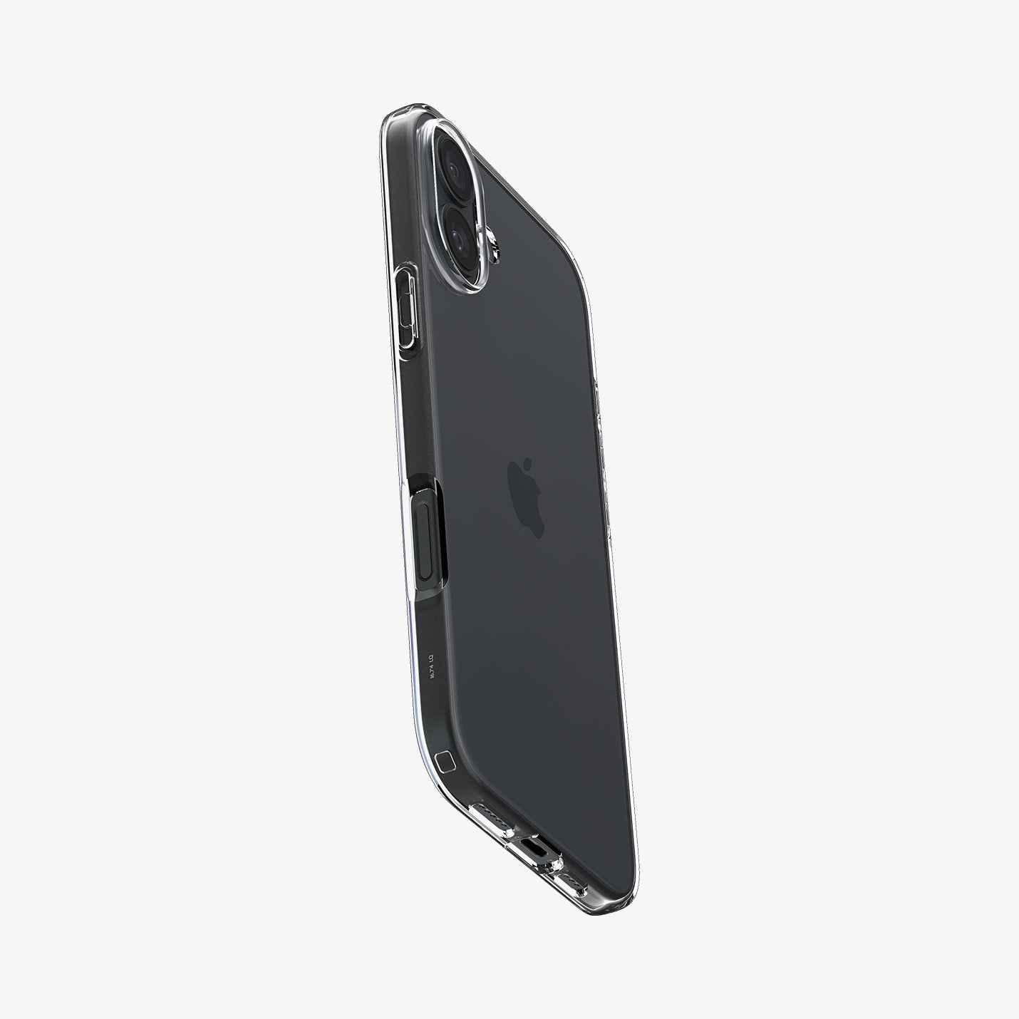 Custodia trasparente per telefono con smartphone scuro su sfondo bianco.
