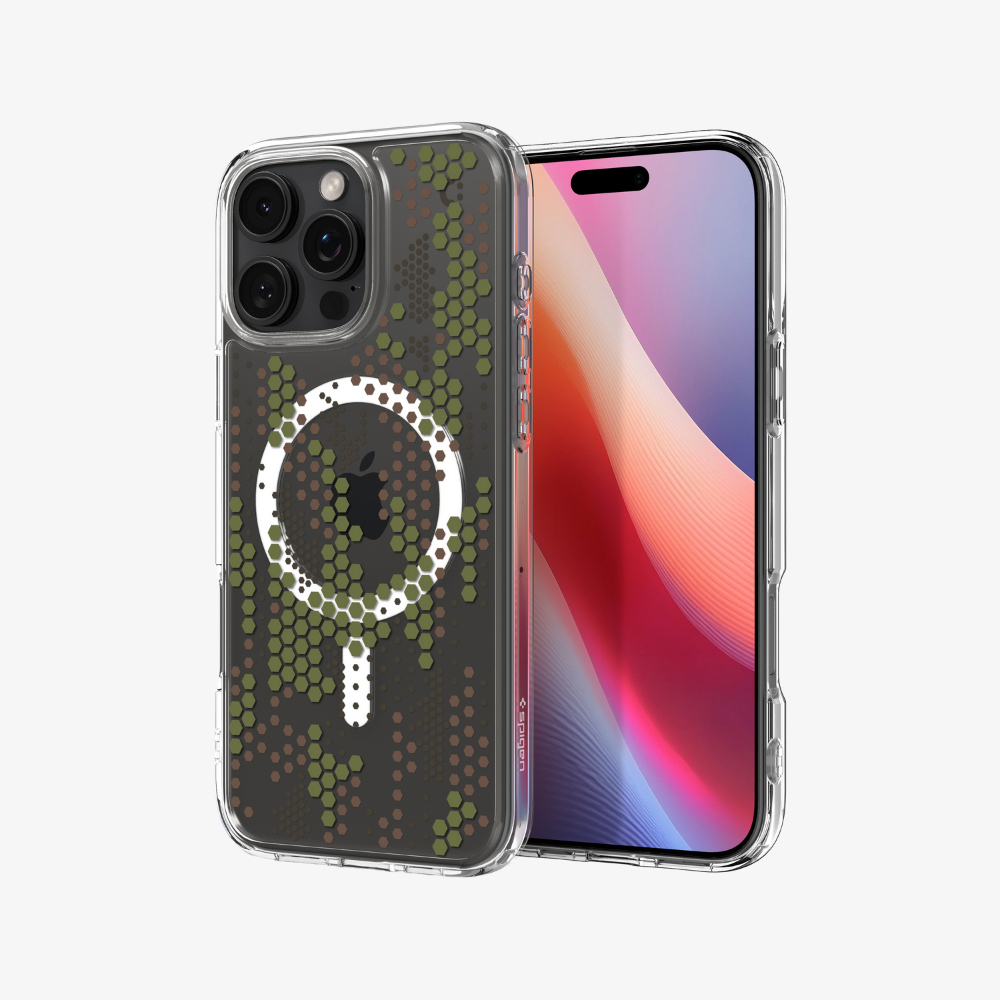 Custodia trasparente per iPhone con motivo mimetico e anello MagSafe.