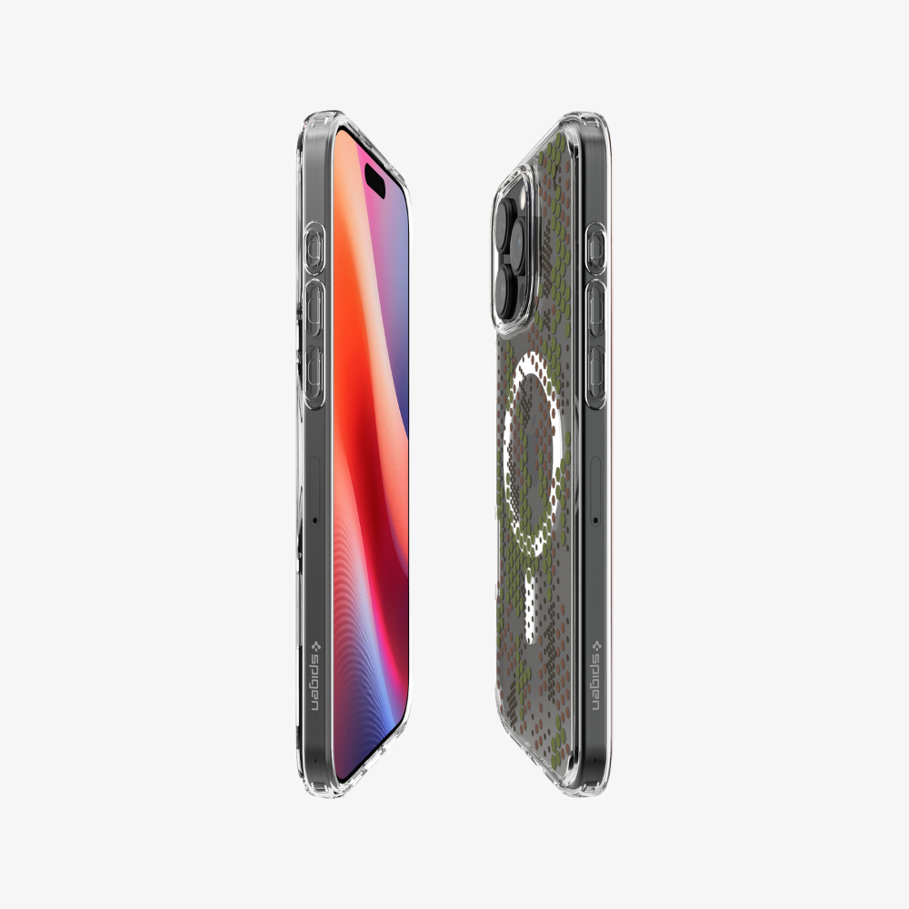 Due custodie per iPhone una accanto all'altra, una trasparente con motivo, una con schermo.