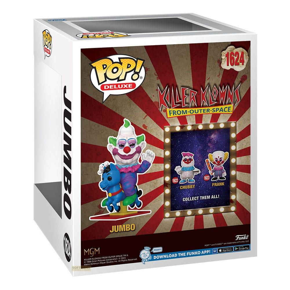 Caja Funko Pop Deluxe de Killer Klowns. Un payaso con caballo azul, dos payasos pequeños en exhibición.
