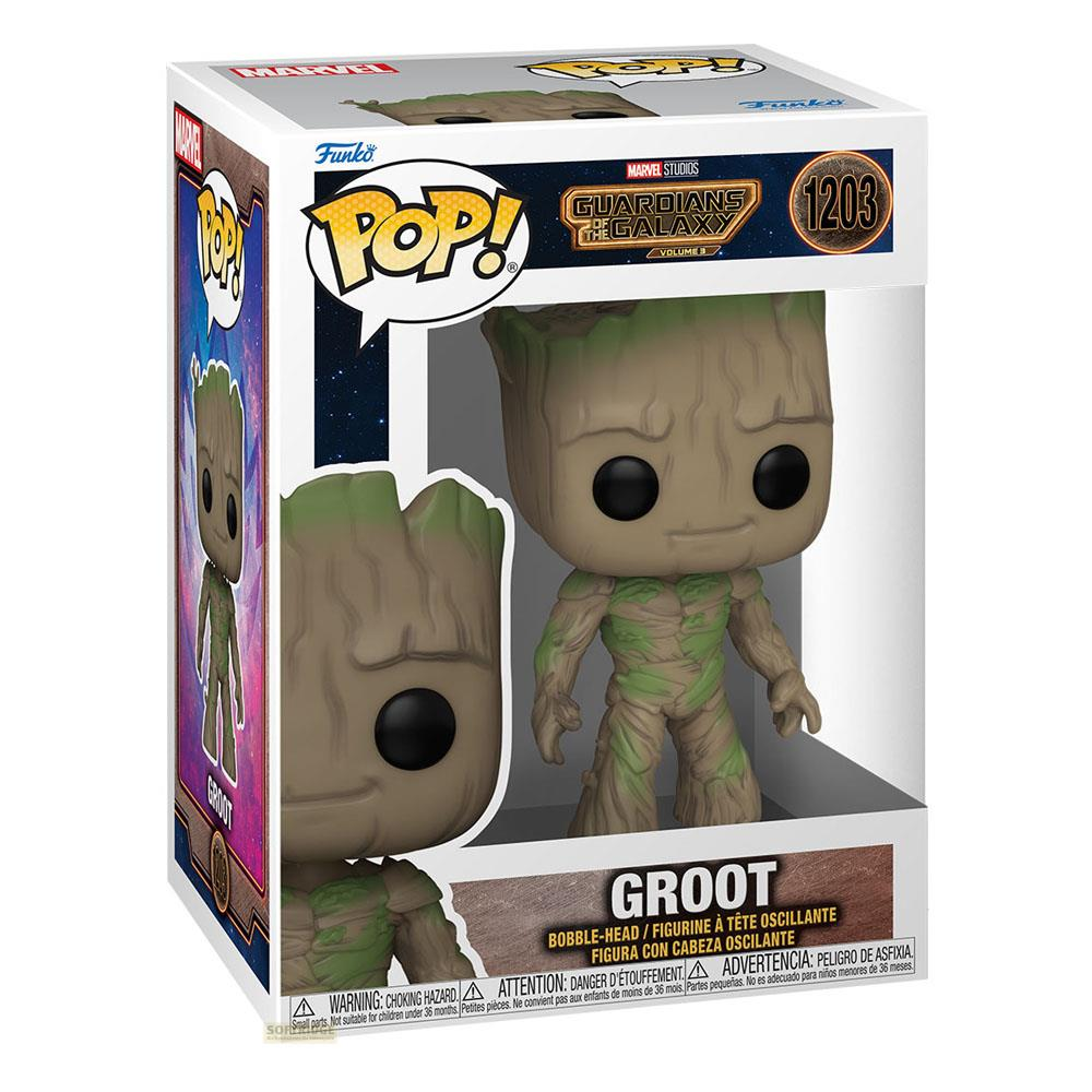 Ein Funko Pop! Groot-Figur im Karton, von Marvels Guardians of the Galaxy.