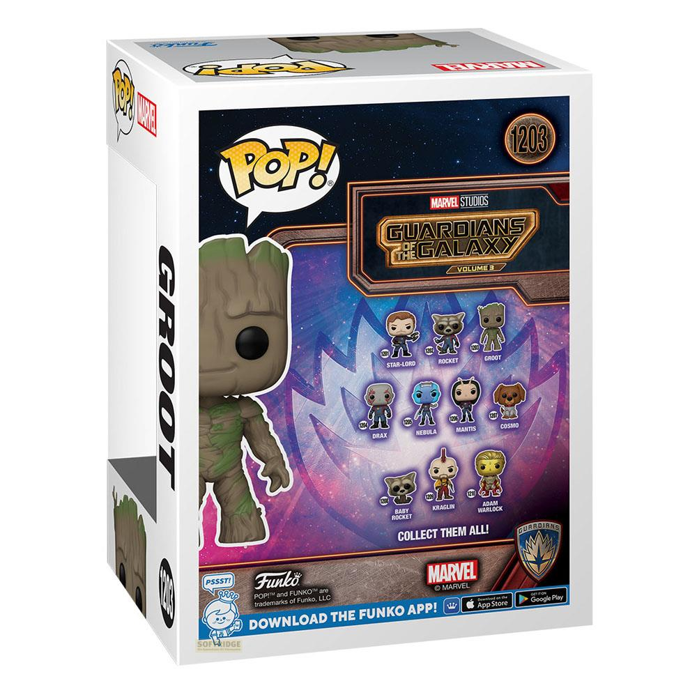 Funko Pop! Vinyl-Figurbox mit Groot-Figur und Guardians of the Galaxy Vol. 3-Motiv.