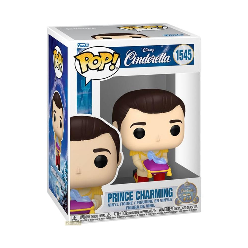 Action figure in vinile Funko Pop! del Principe Azzurro di Cenerentola, tiene una scarpa blu.