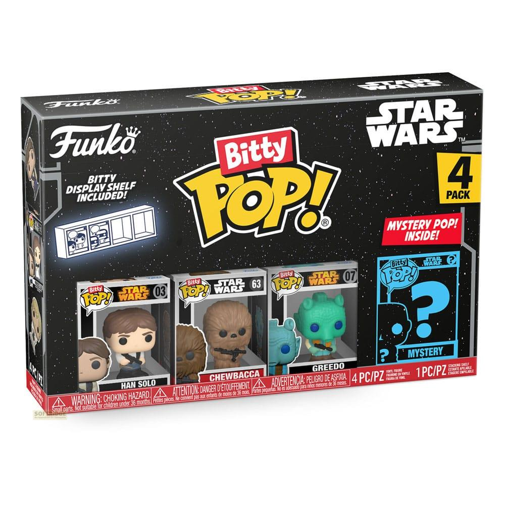 Set de figuras Funko Star Wars Bitty Pop con Han Solo, Chewbacca, Greedo y figura misteriosa.