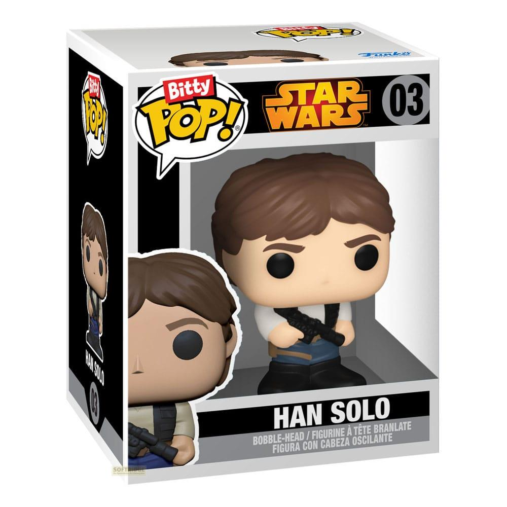 Figura Funko Pop! Star Wars Han Solo con cabeza móvil en caja. Viste camisa marrón, pantalones azules.