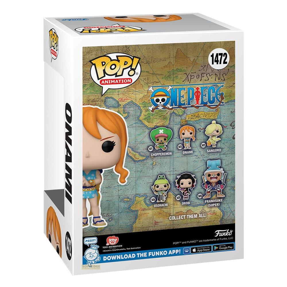 Scatola Funko Pop! con Nami e altre figure di One Piece su una mappa.