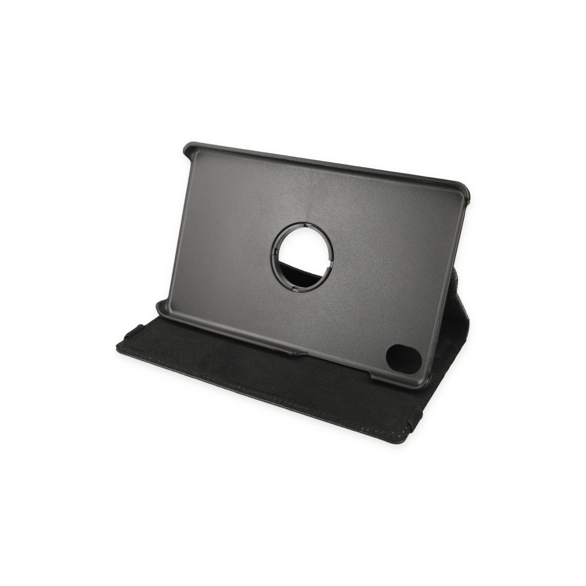 Beyaz arka plan üzerinde kamera için dairesel kesimli siyah tablet kılıfı.