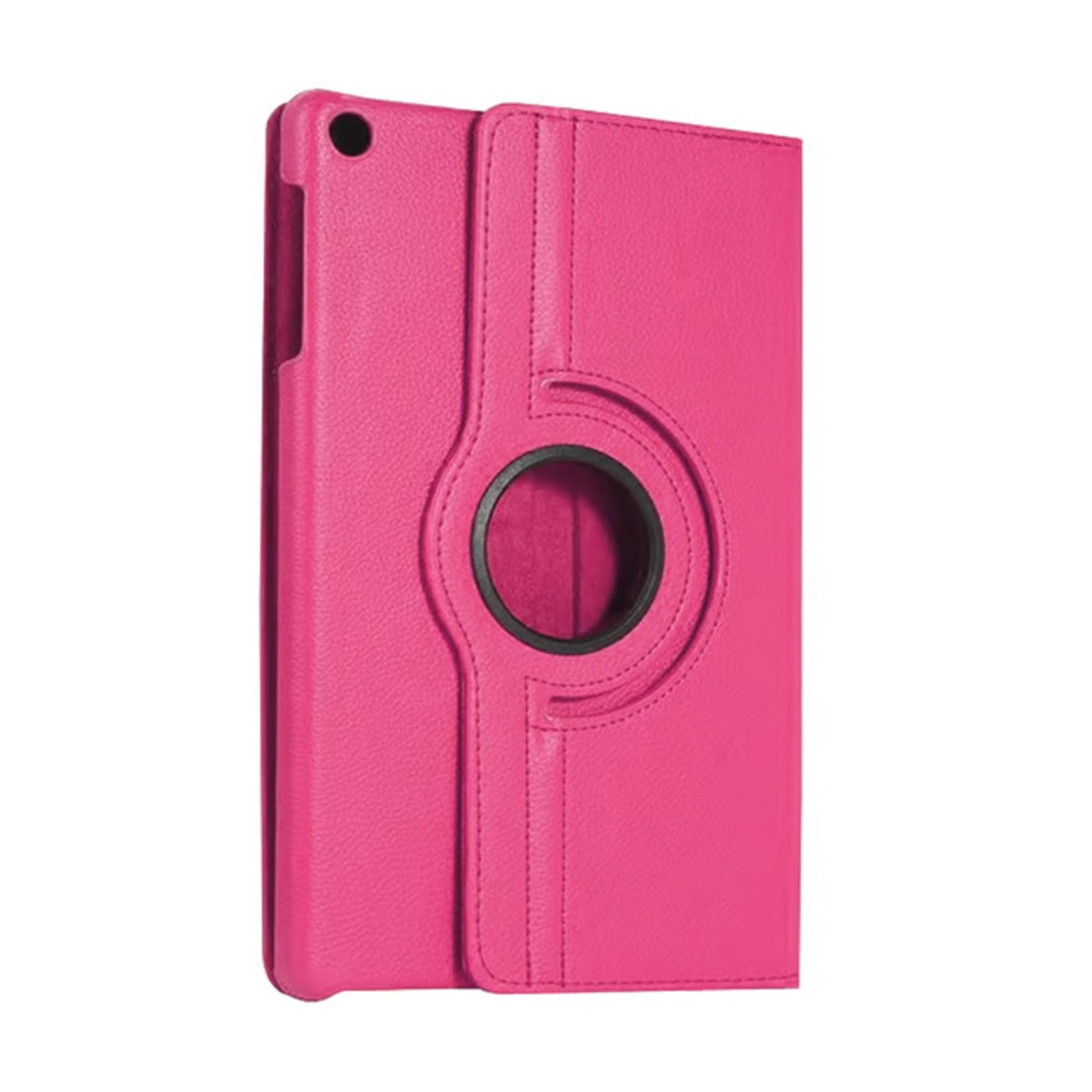 Pembe tablet kılıfı, 360 derece dönebilen özellikli ve siyah halkalı.