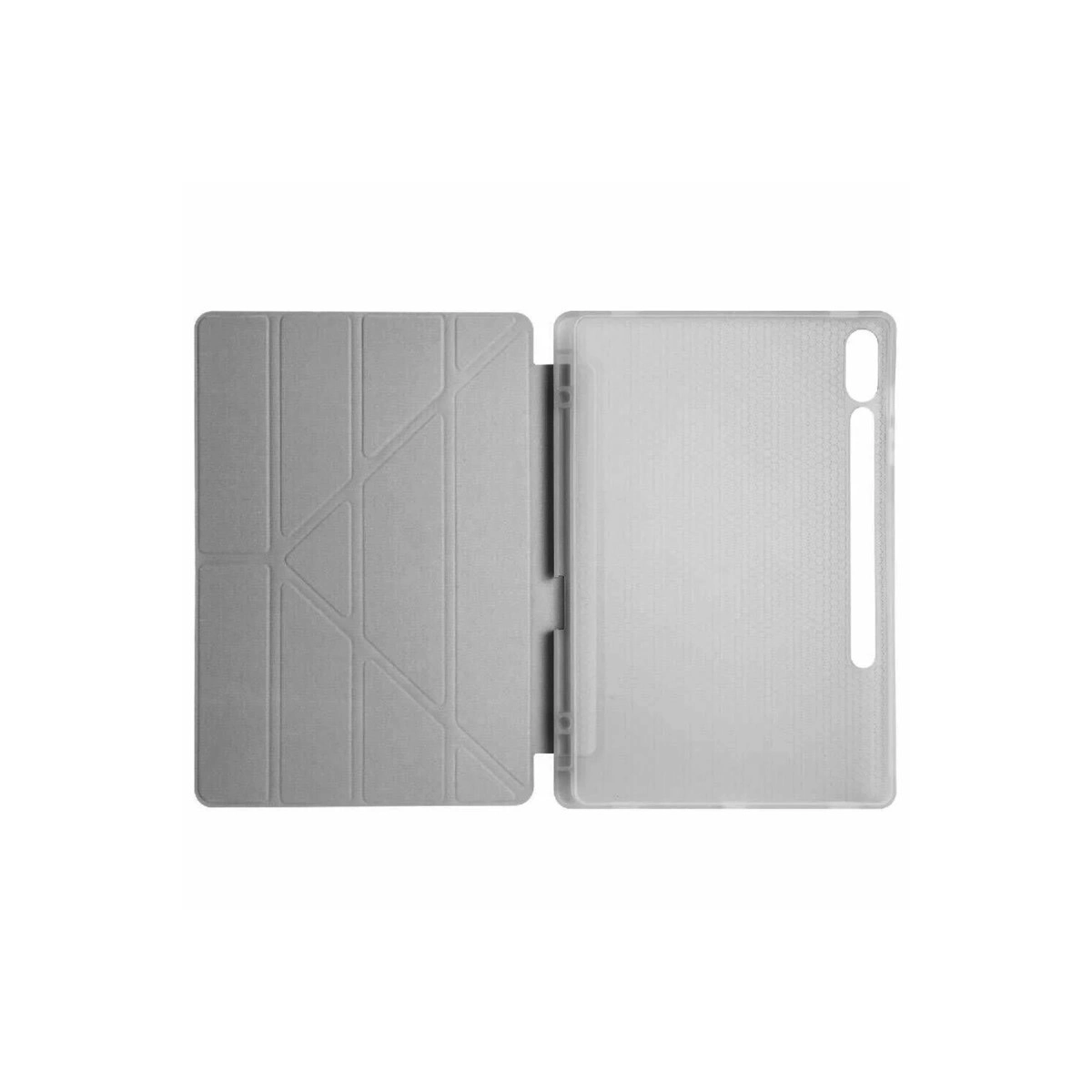 Katlanabilir tasarımlı ve şeffaf arka panelli gri tablet kılıfı.