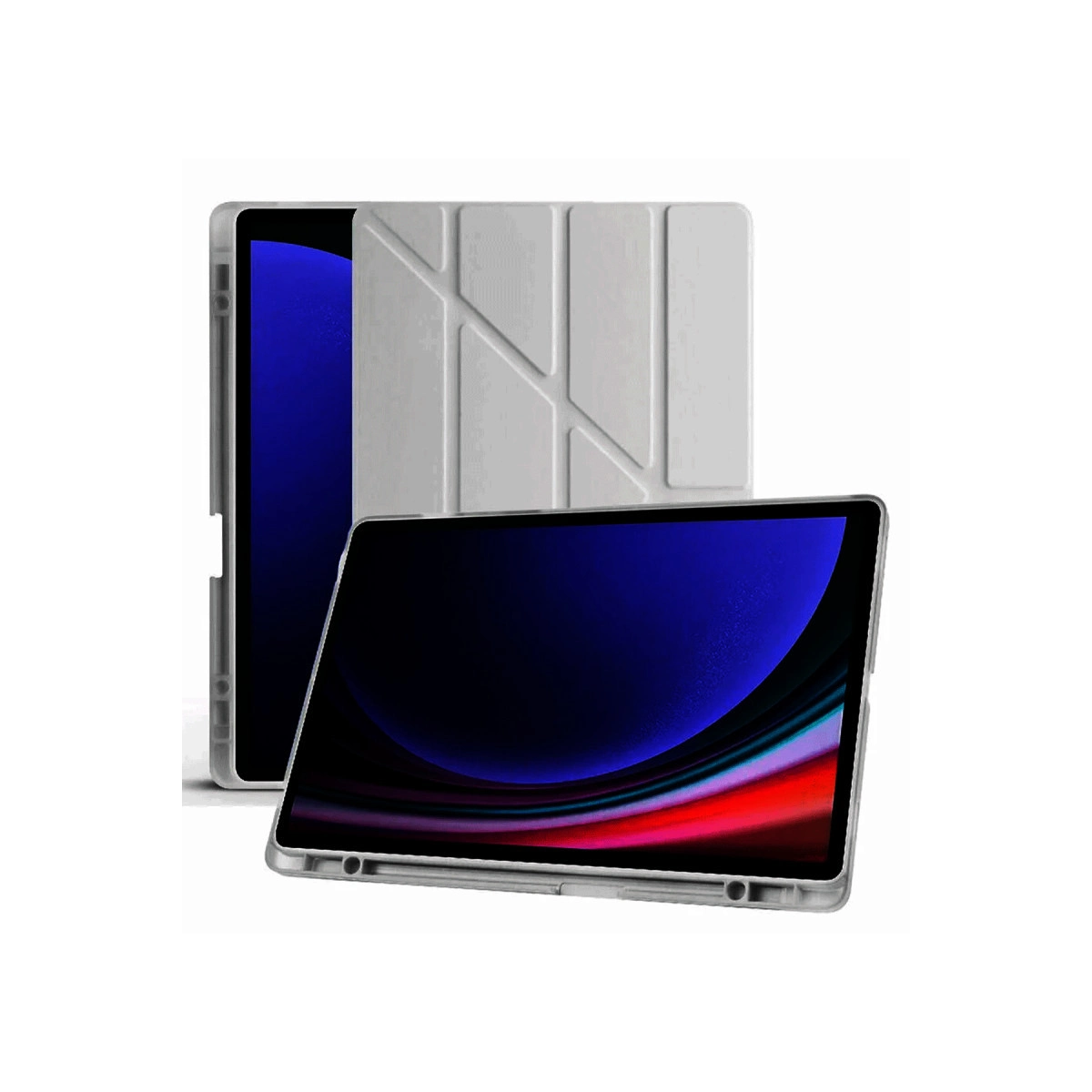 Beyaz kılıflı, mavi gradyan ekranlı bir tablet.